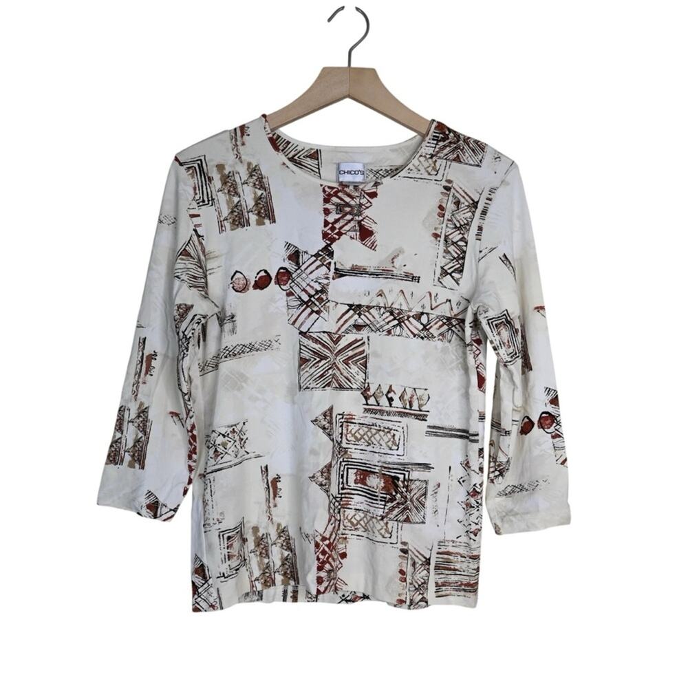Chico's Women's Sz M Chico's Sz 1 Cream Brown Patterned Pullover Blouse